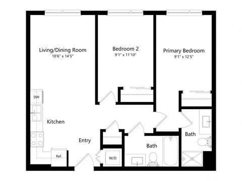 Floor plan for 2 beds, 2 baths, 779 sqft